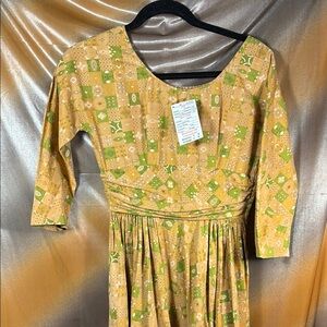 50’s Vintage cotton‎ Patchwork Dress in Yellow and Green midi T